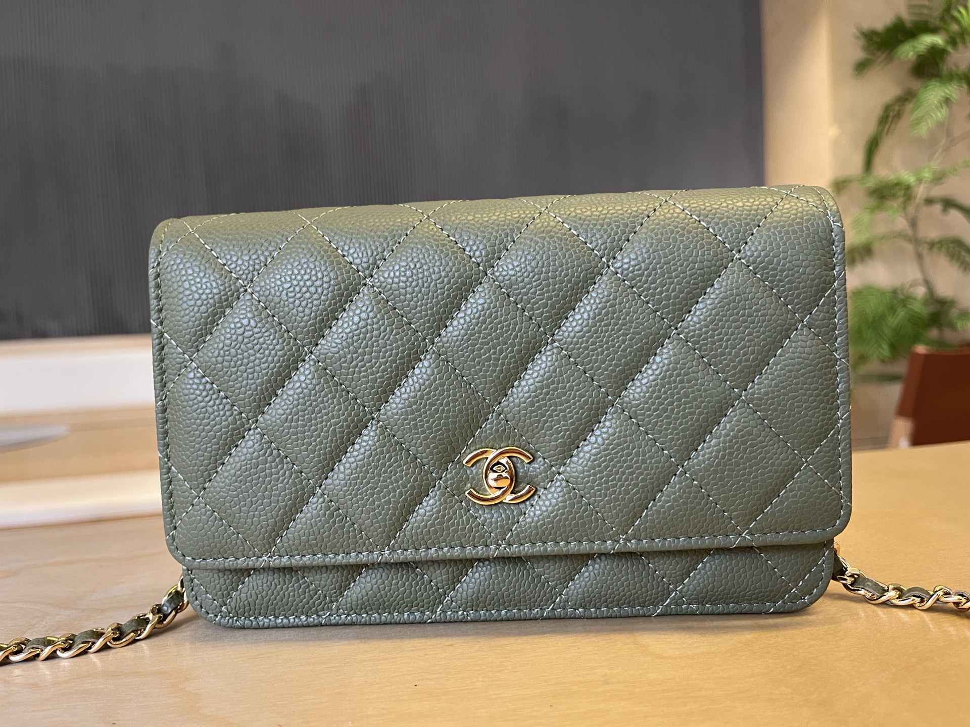 CHANEL Caviar Quilted Wallet On Chain WOC Dark Green