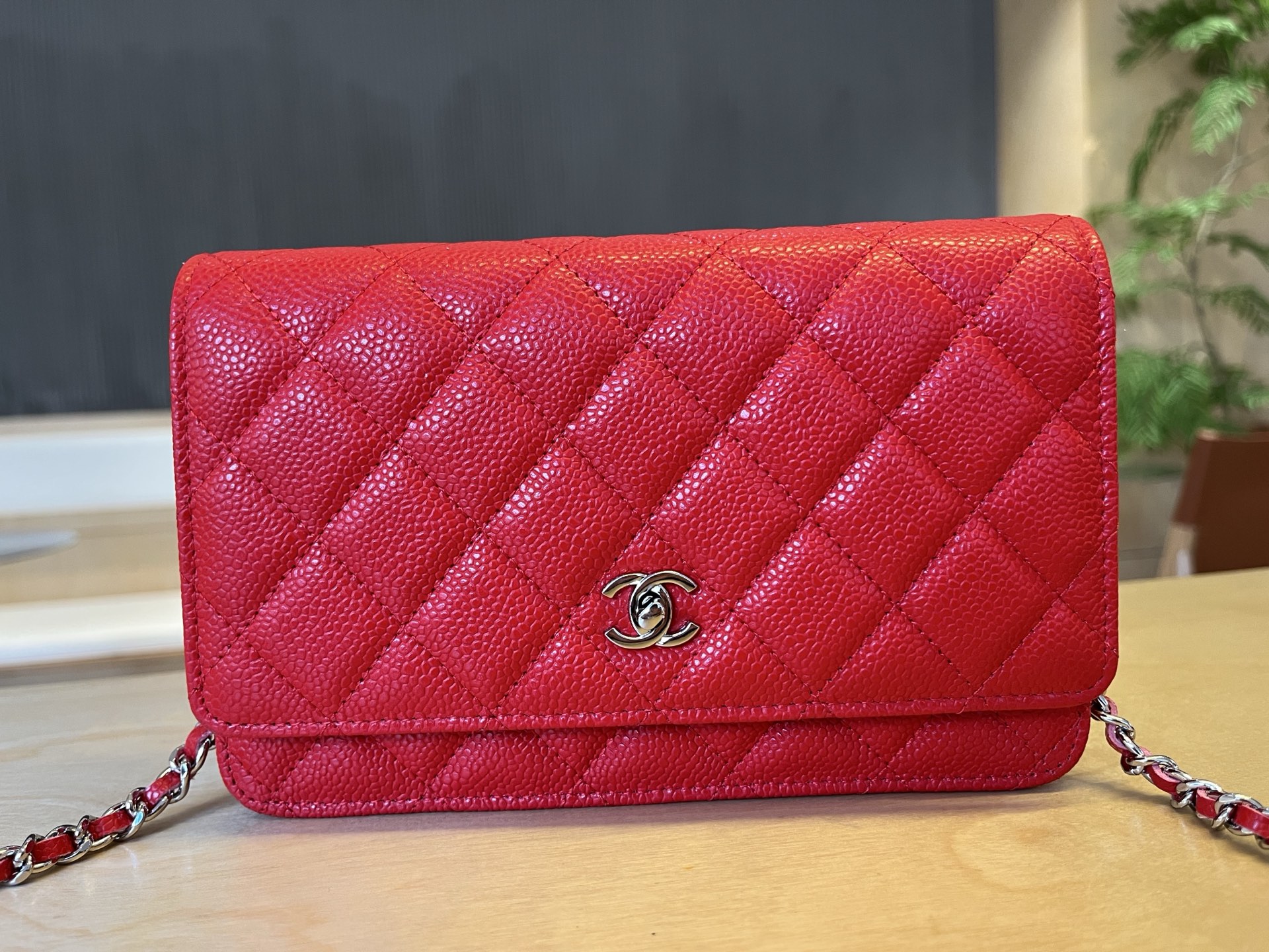 CHANEL Caviar Quilted Wallet On Chain WOC Dark Red