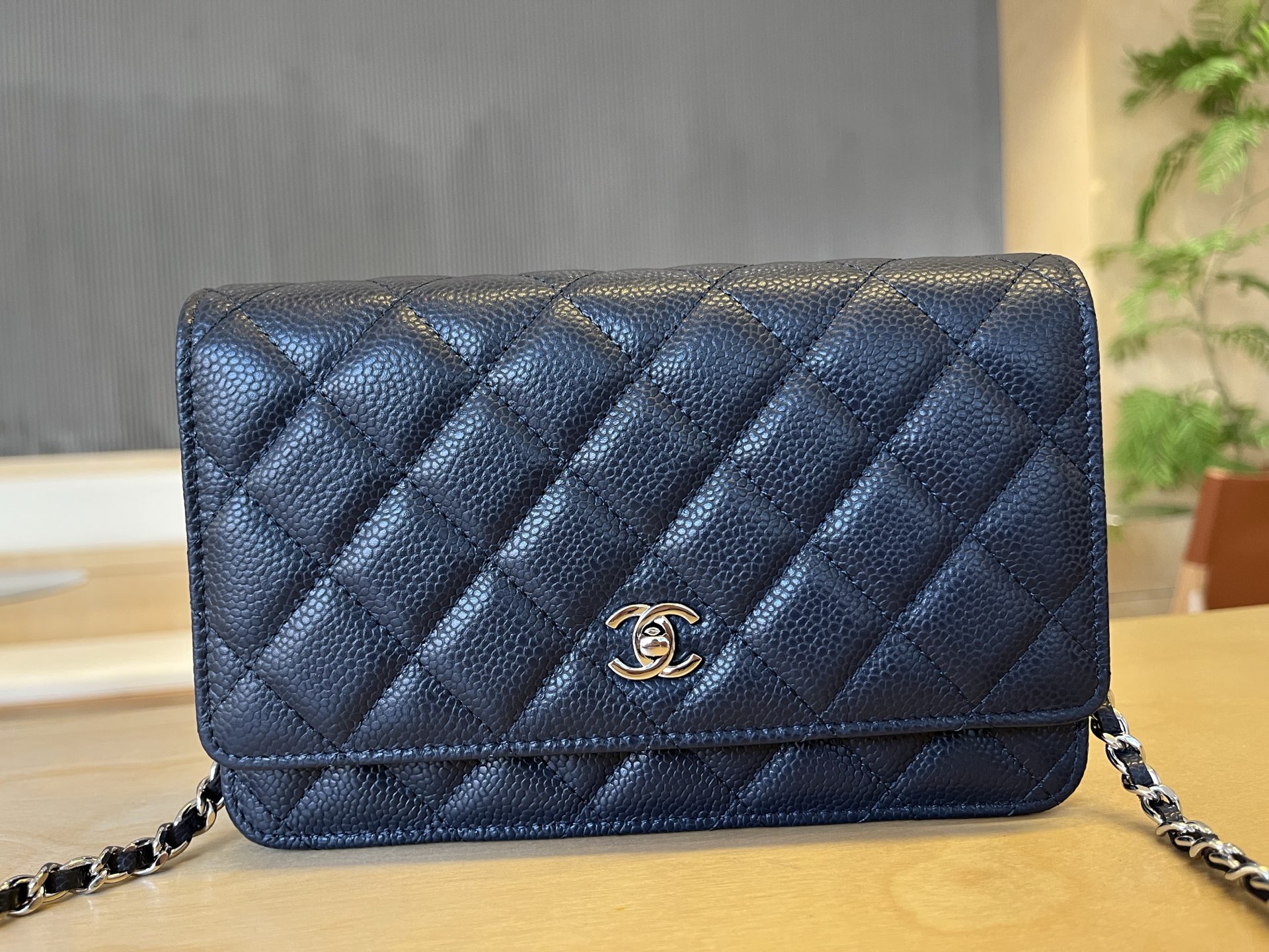 CHANEL Caviar Quilted Wallet on Chain WOC Navy Blue
