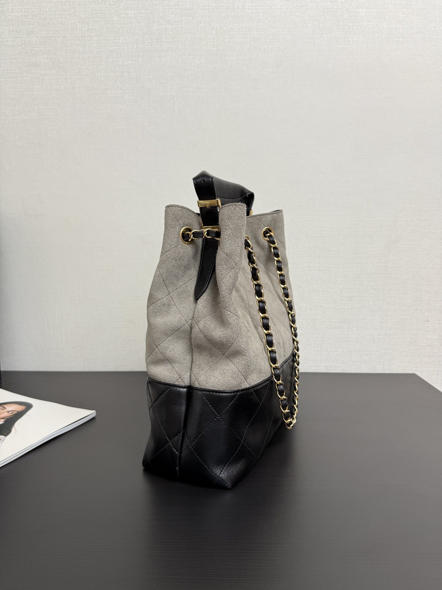 Chanel  CC 25A Tote 28cm Grey Suede Black Calfskin