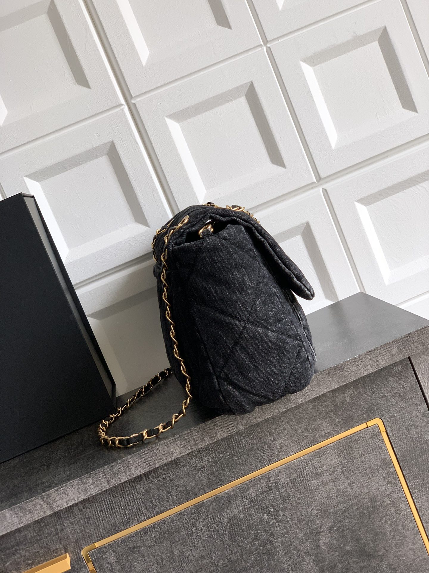 Chanel Cc Acolchado Vaquero Negro Bolso Solapa Mediano