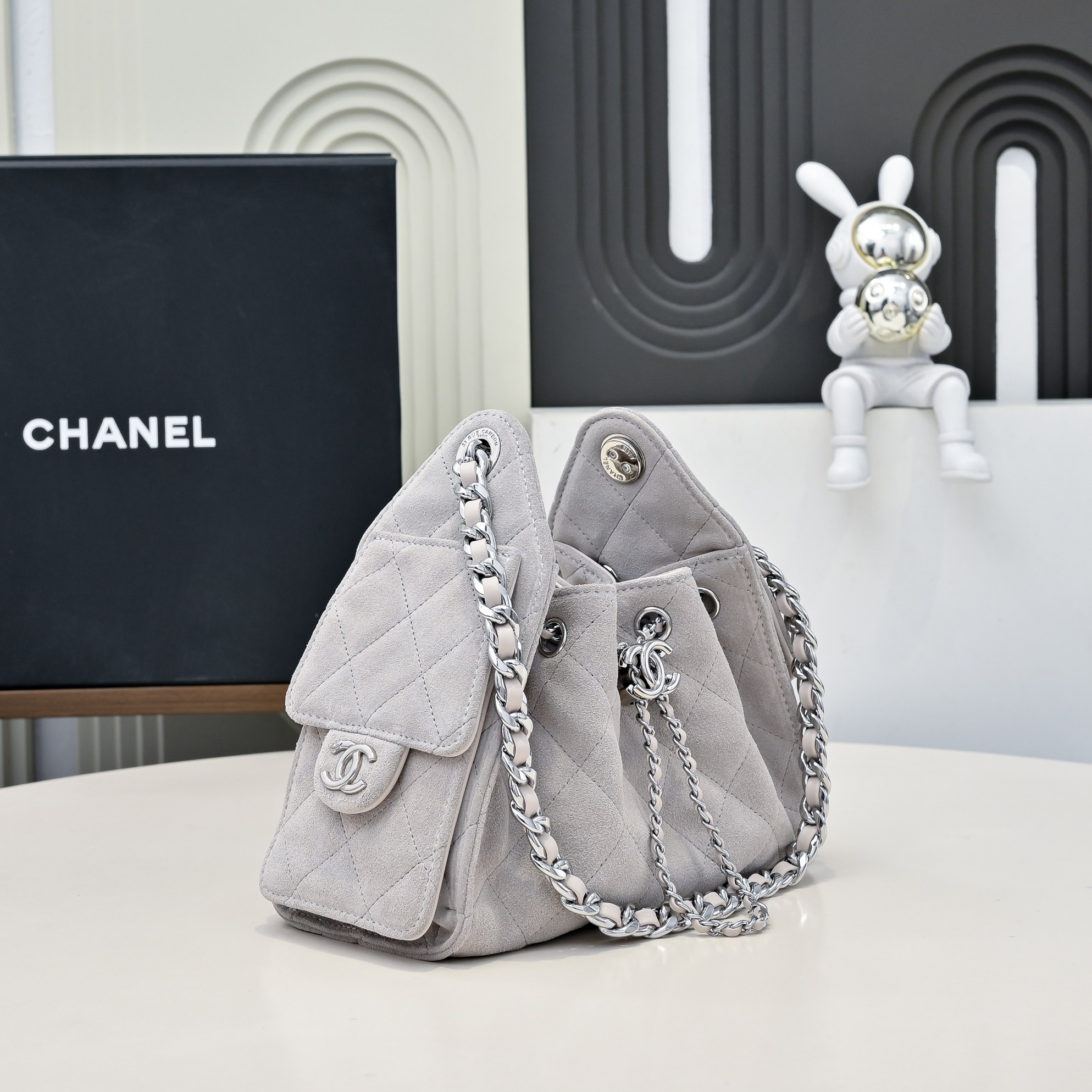 Chanel CC Chain Drawstring Bucket Bag Quilted Caviar Small Gray 2535881