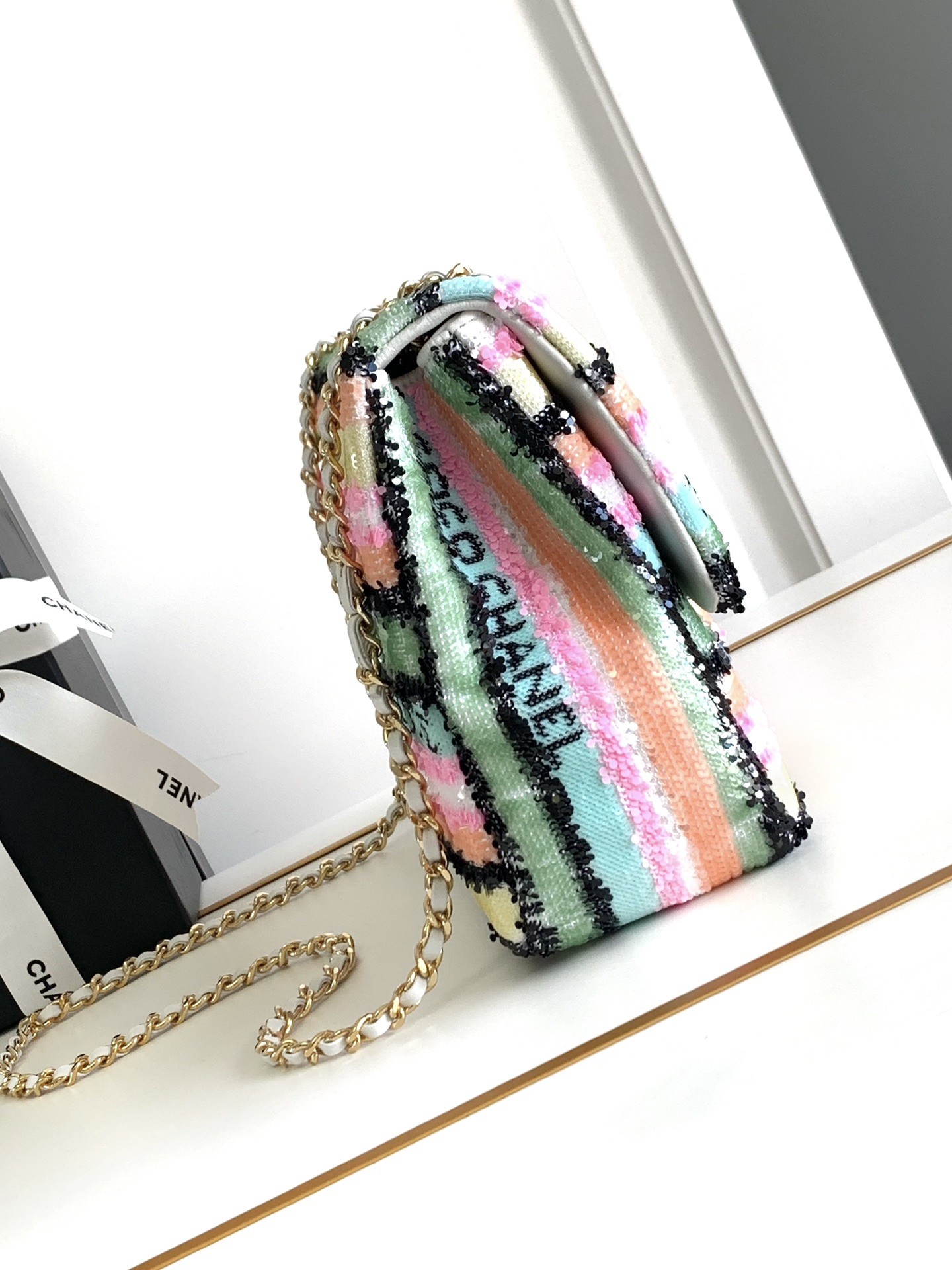 Chanel CC Flap Bag Striped Multicolor Sequins Mini