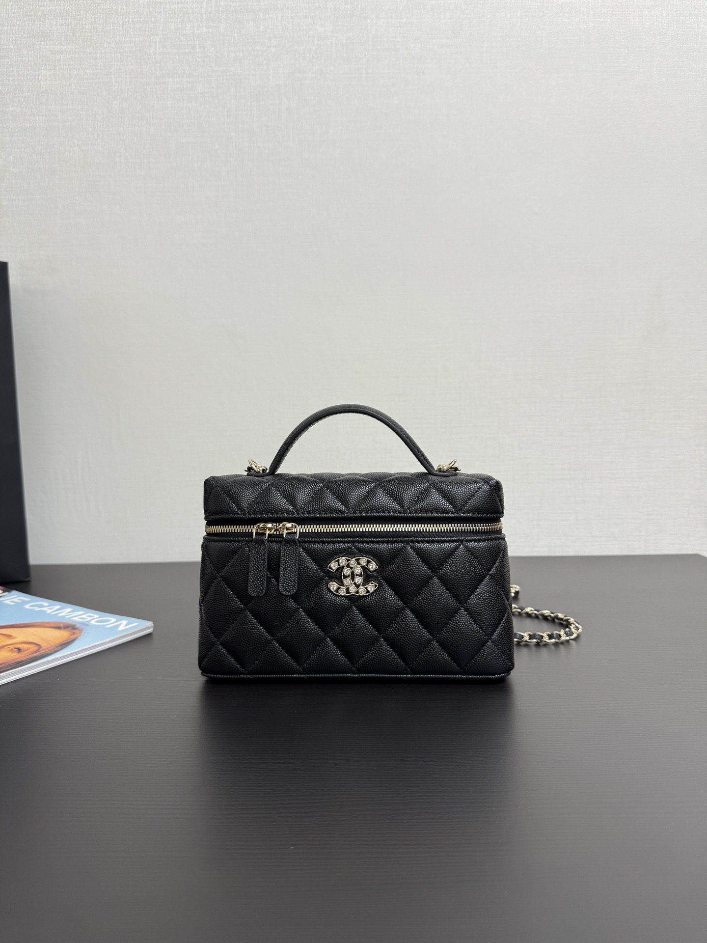 Chanel CC Top Handle Long Vanity Case With Chain Black