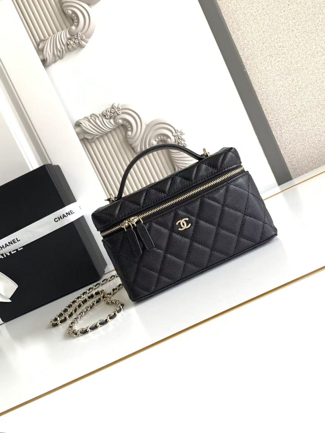 Chanel CC Top Handle Long Vanity Case With Chain Black