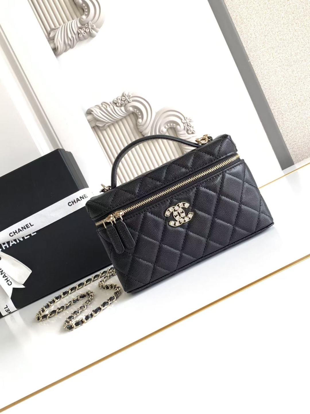 Chanel CC Top Handle Long Vanity Case With Chain Black