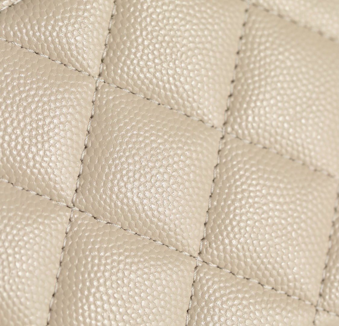 Chanel CC Top Handle Long Vanity Case With Chain Light Beige Shiny Caviar Brushed Gold Hardware