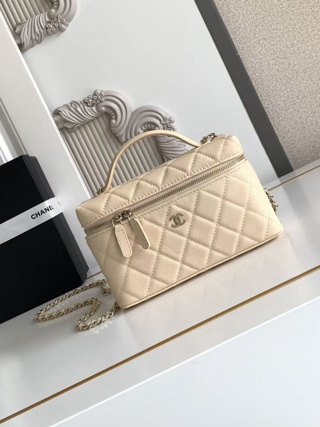 Chanel CC Top Handle Long Vanity Case With Chain Light Beige Shiny Caviar Brushed Gold Hardware