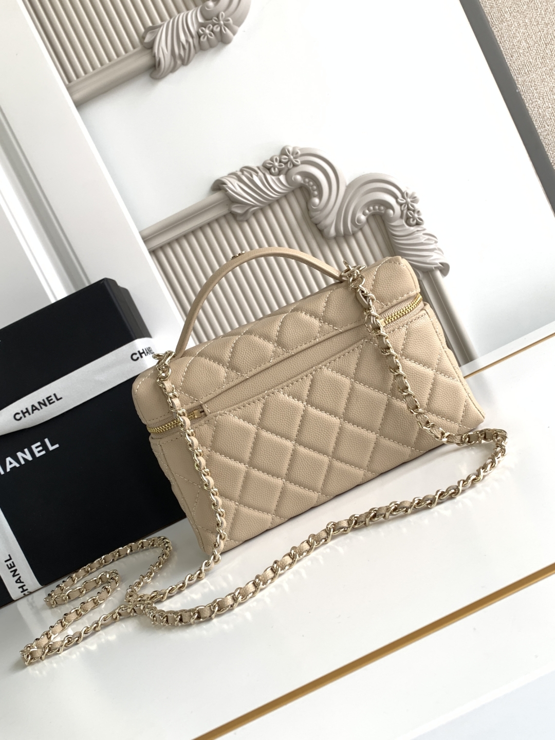 Chanel CC Top Handle Long Vanity Case With Chain Light Beige Shiny Caviar Brushed Gold Hardware