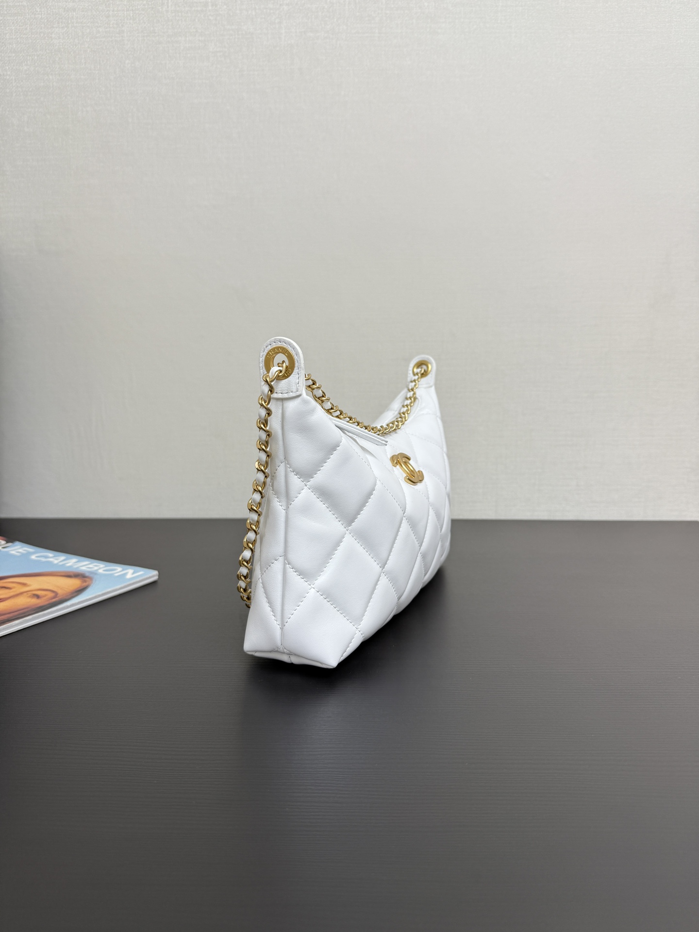 Chanel Chain Hobo Bag Quilted White Lambskin Aged Gold