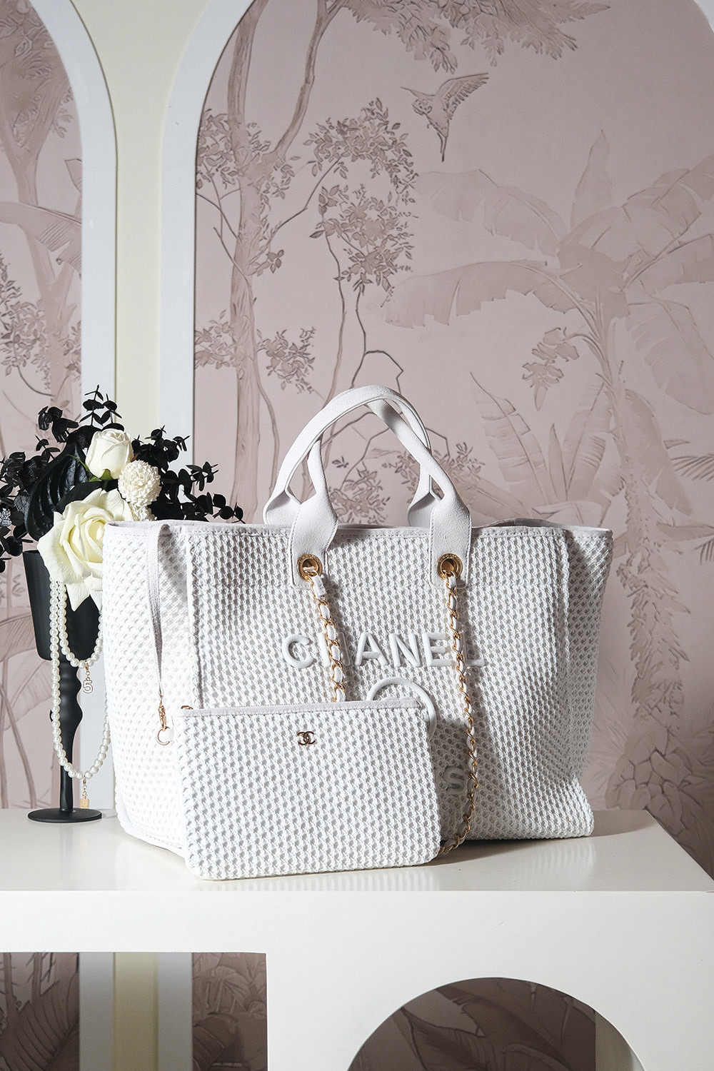 Chanel Chanel Deauville GM Ivory Canvas Leather Chain Tote Bag