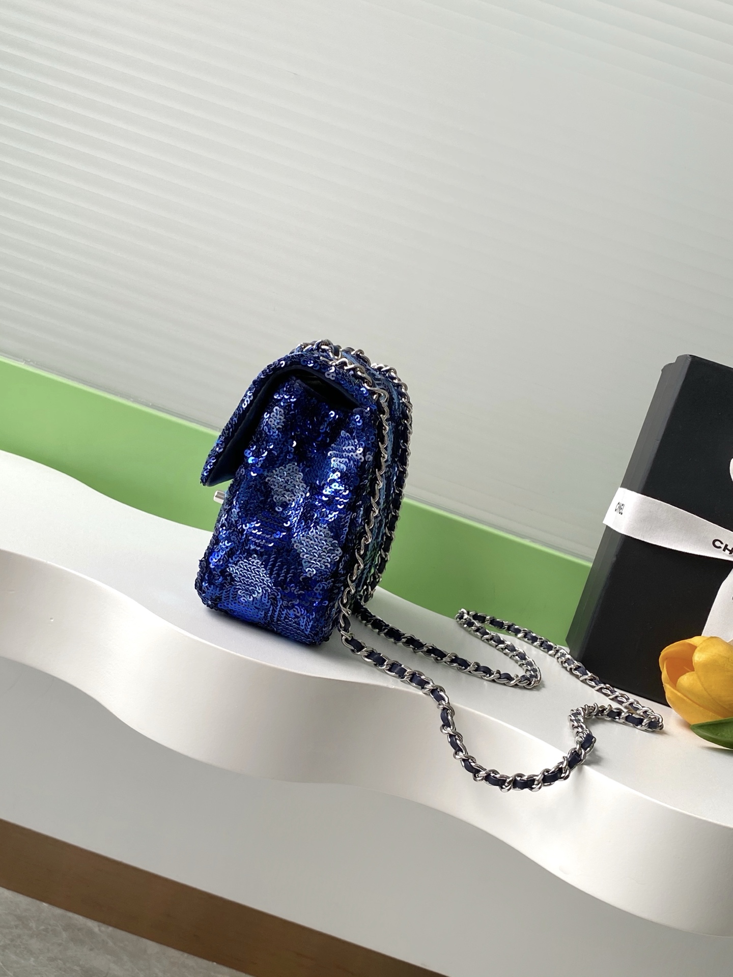 Chanel Checkered Sequin Medium Flap Bag - Blue