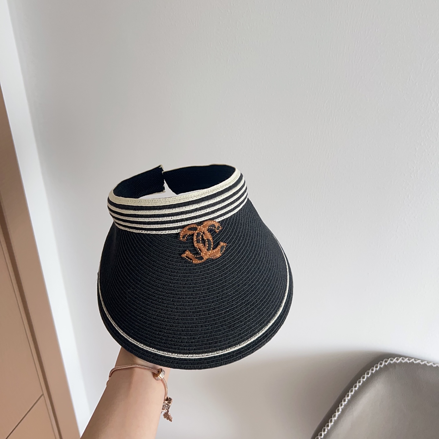 Chanel Black Woven Visor - Gold CC Logo, Striped Trim