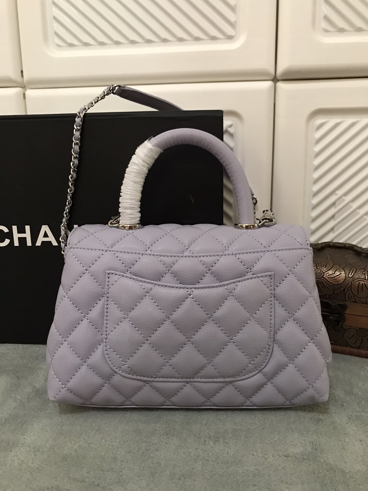 CHANEL Coco Handle Flap Shoulder Bag Grey Quilted