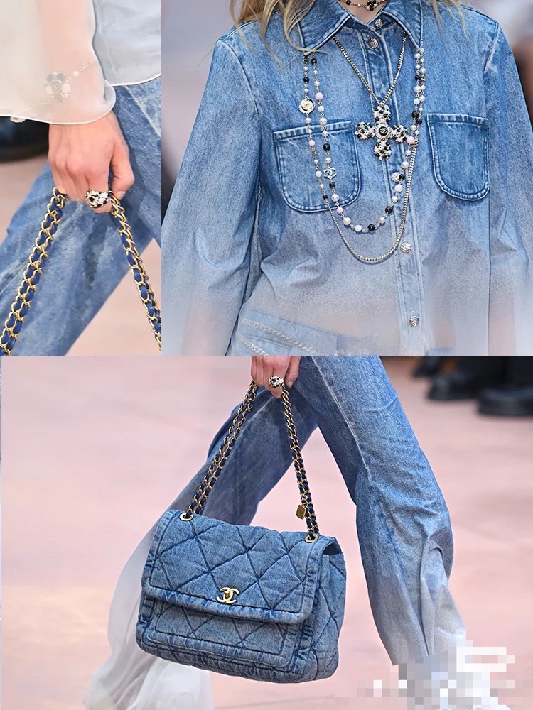 CHANEL Coco Mark Denim Chain Shoulder Bag Light Blue