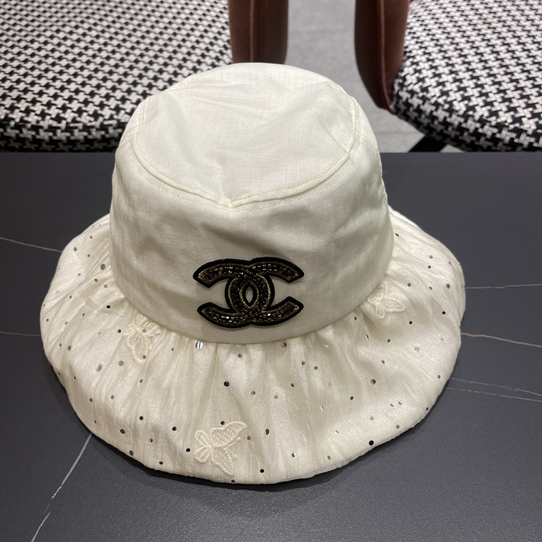 Chanel Cream Sequin Bucket Hat - Embroidered CC Logo