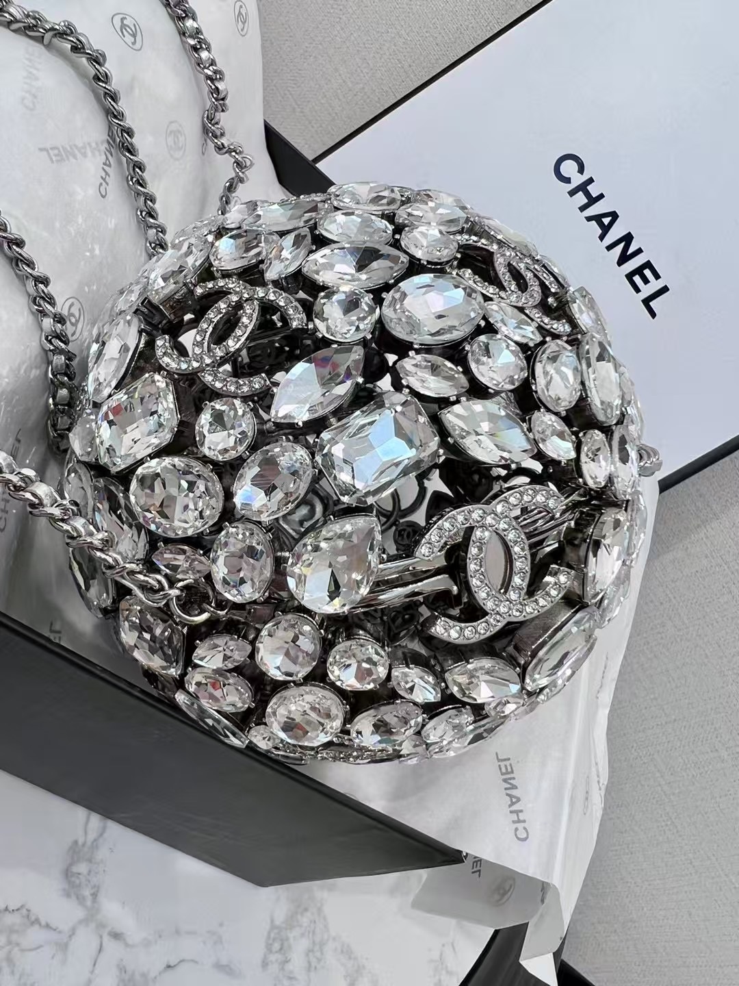 CHANEL Crystal Ball CC Necklace Silver 75072