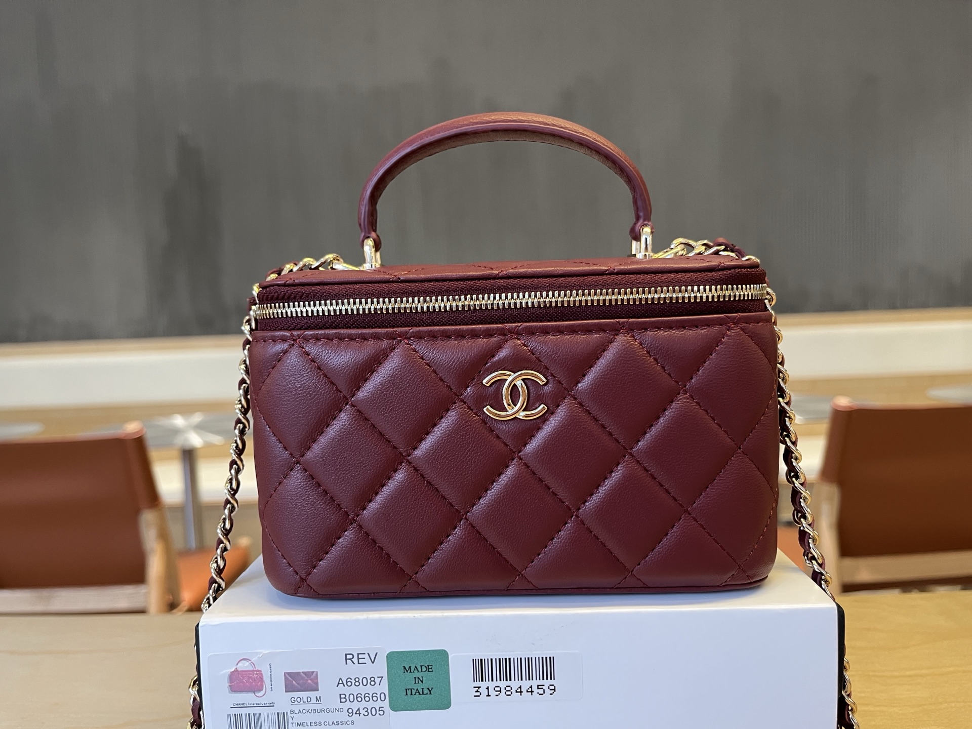 CHANEL Deep Red Quilted Beaute Vanity Case & Chain w/ Original Box