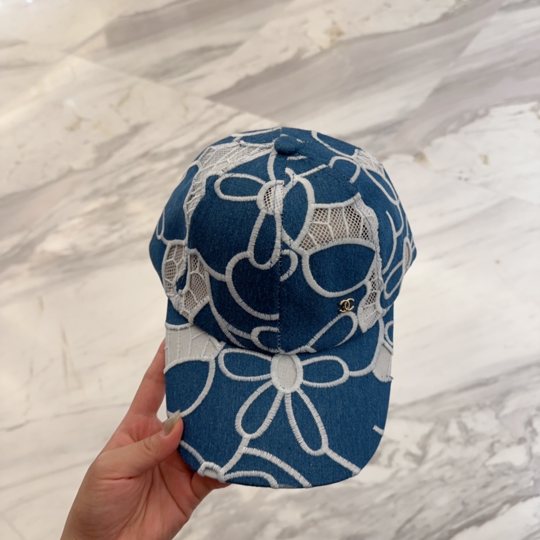 Chanel Denim Baseball Cap with White Lace Floral Embroidery
