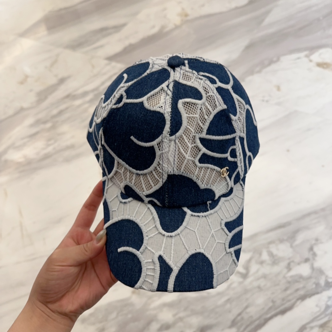 Chanel Denim Baseball Cap with White Lace Floral Embroidery
