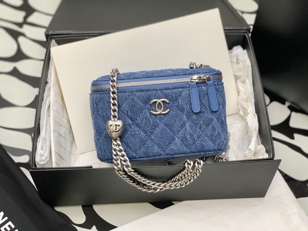Chanel Denim Quilted Camellia Vanity Case w/ Chain - Blue