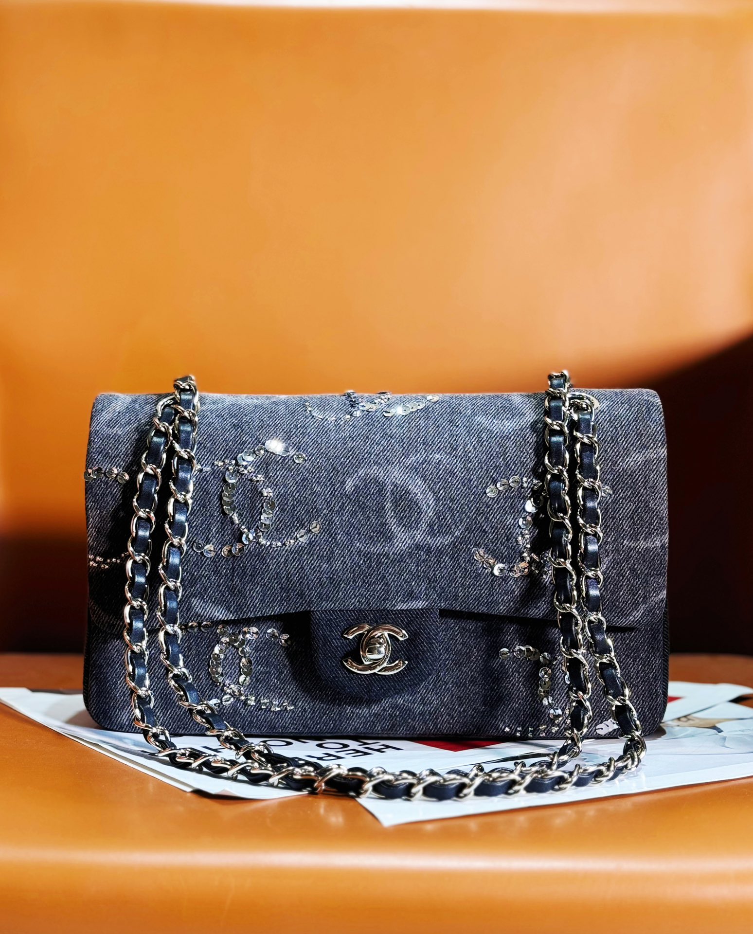 CHANEL Denim Sequin Medium Classic Double Flap