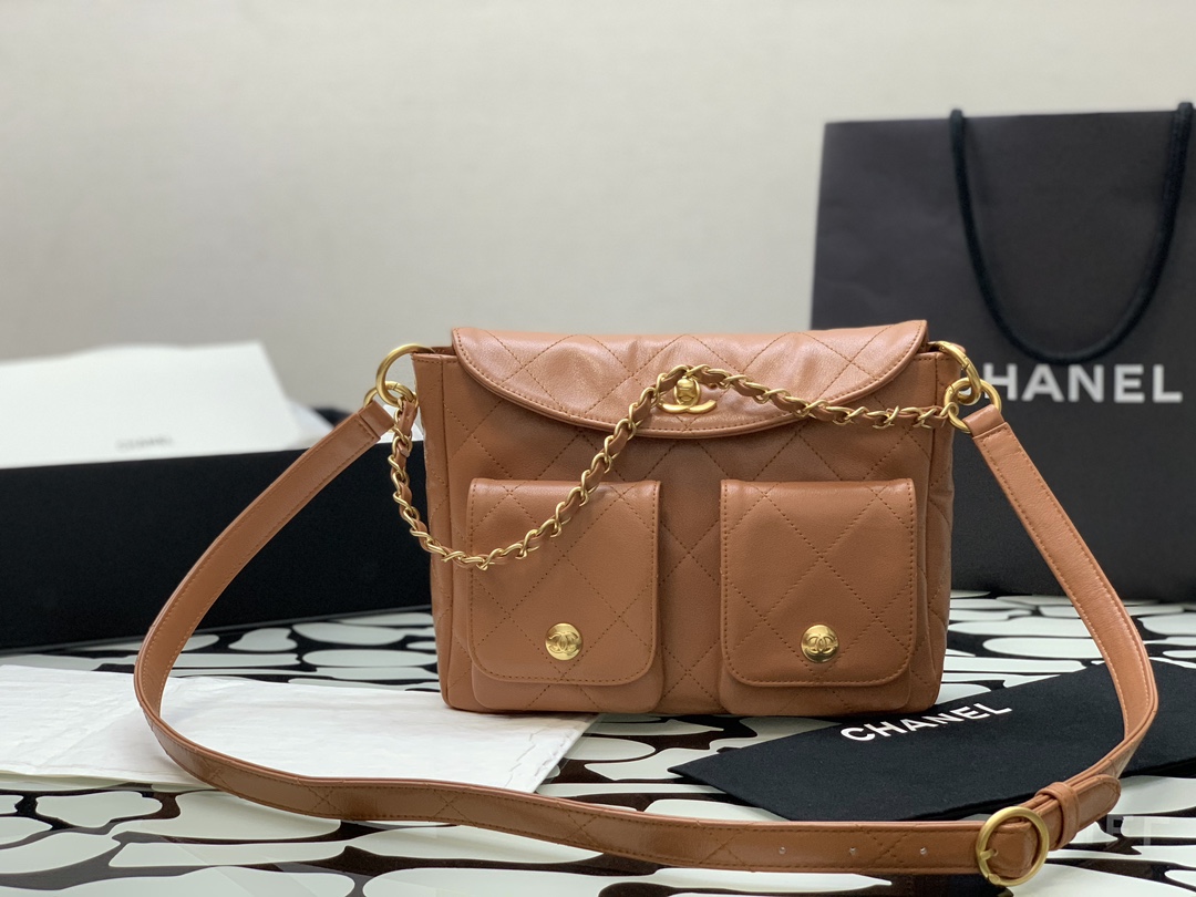 Chanel Double Pocket Hobo Bag Caramel Shiny Calfskin