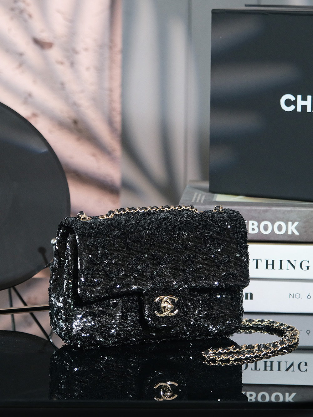 Chanel Evening bag, Quilted sequins & gold-tone metal, black