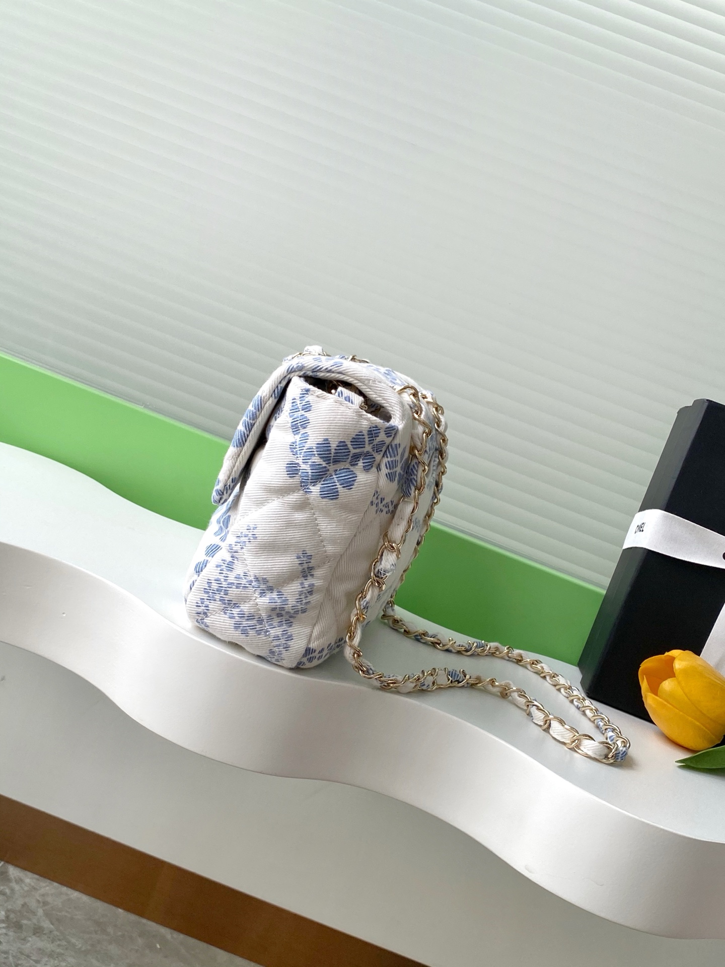 Chanel Flap bag, Printed denim & gold-tone metal, white & blue