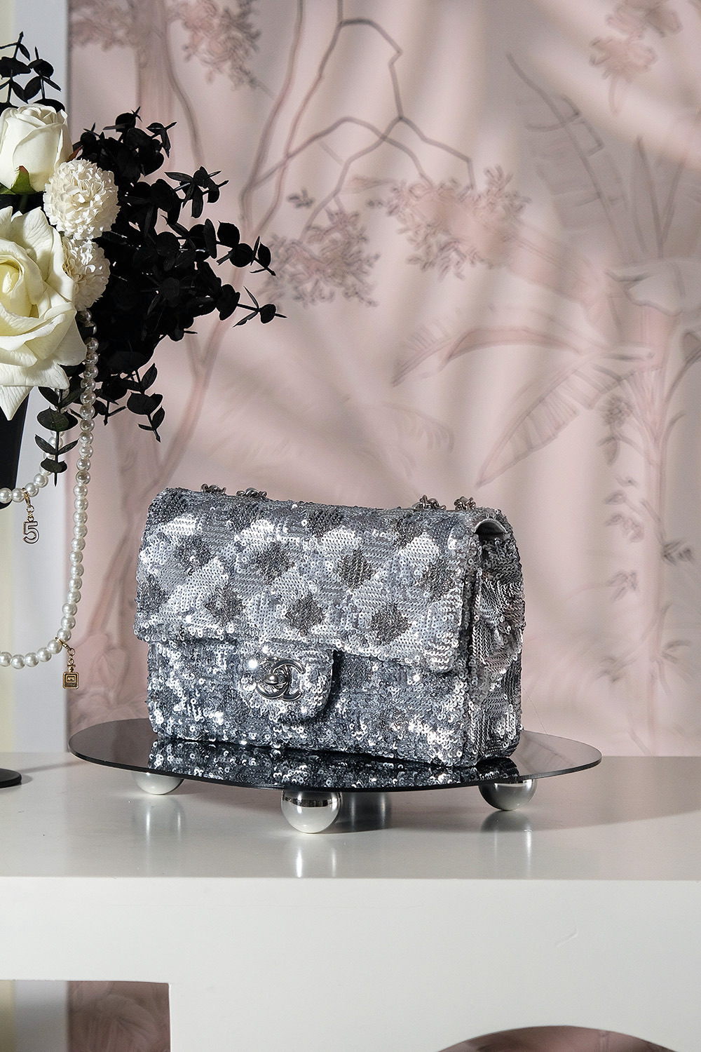 Chanel Flap bag, Quilted gradient sequins & ruthenium-finish metal, silver & black