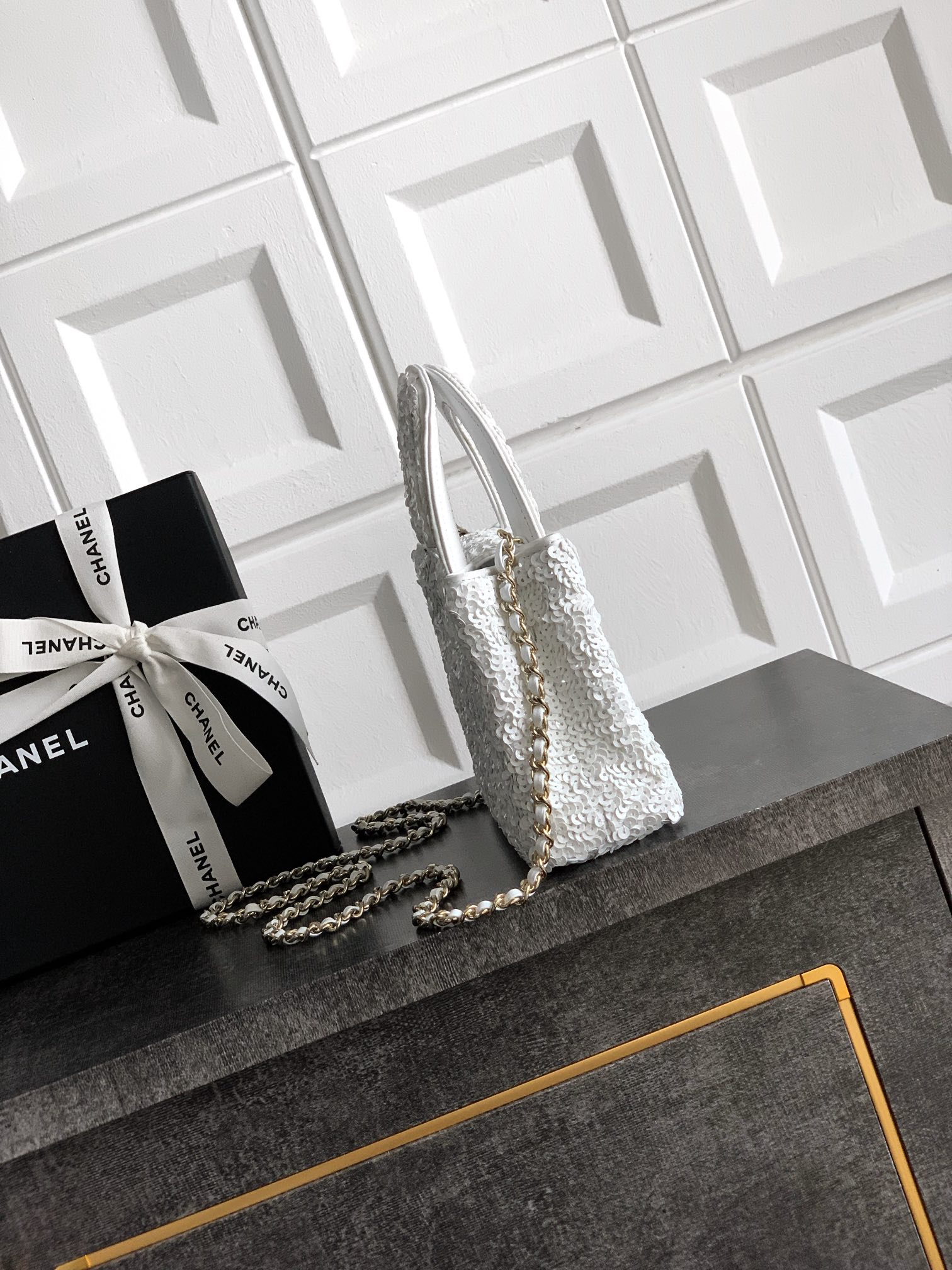 Chanel Flap bag, Quilted sequins & gold-tone metal, white