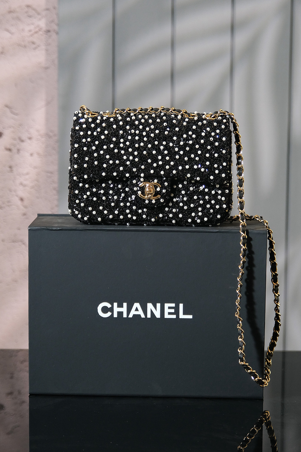 Chanel Flap bag, Sequins & gold-tone metal, black, white & gray