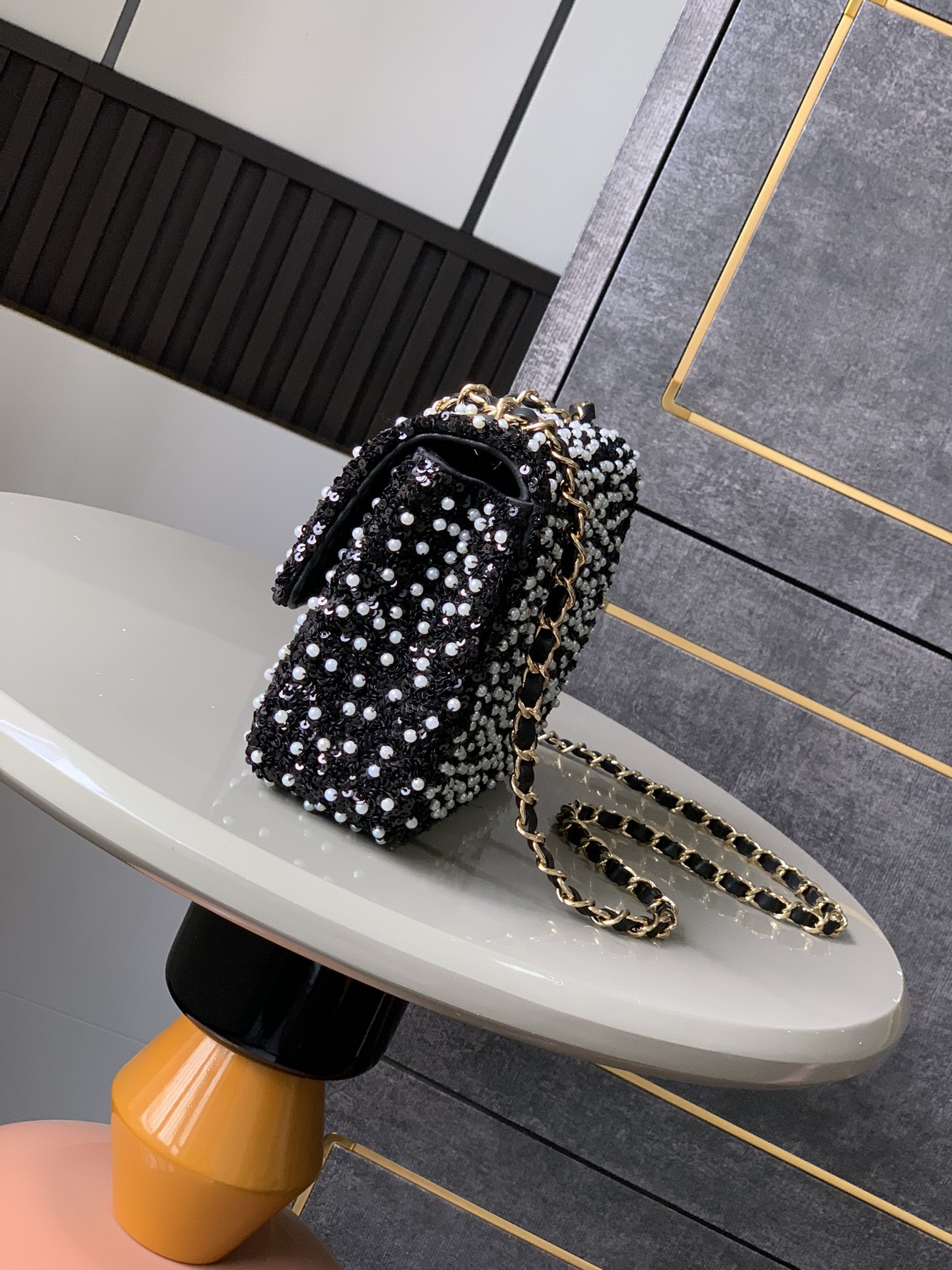 Chanel Flap bag, Sequins & gold-tone metal, black, white & gray