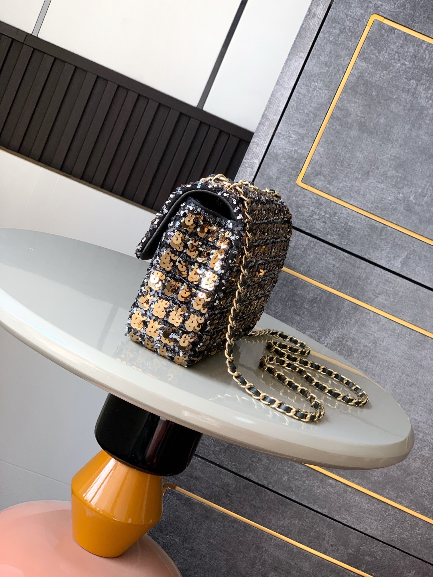 Chanel Flap bag, Sequins & gold-tone metal, golden & black