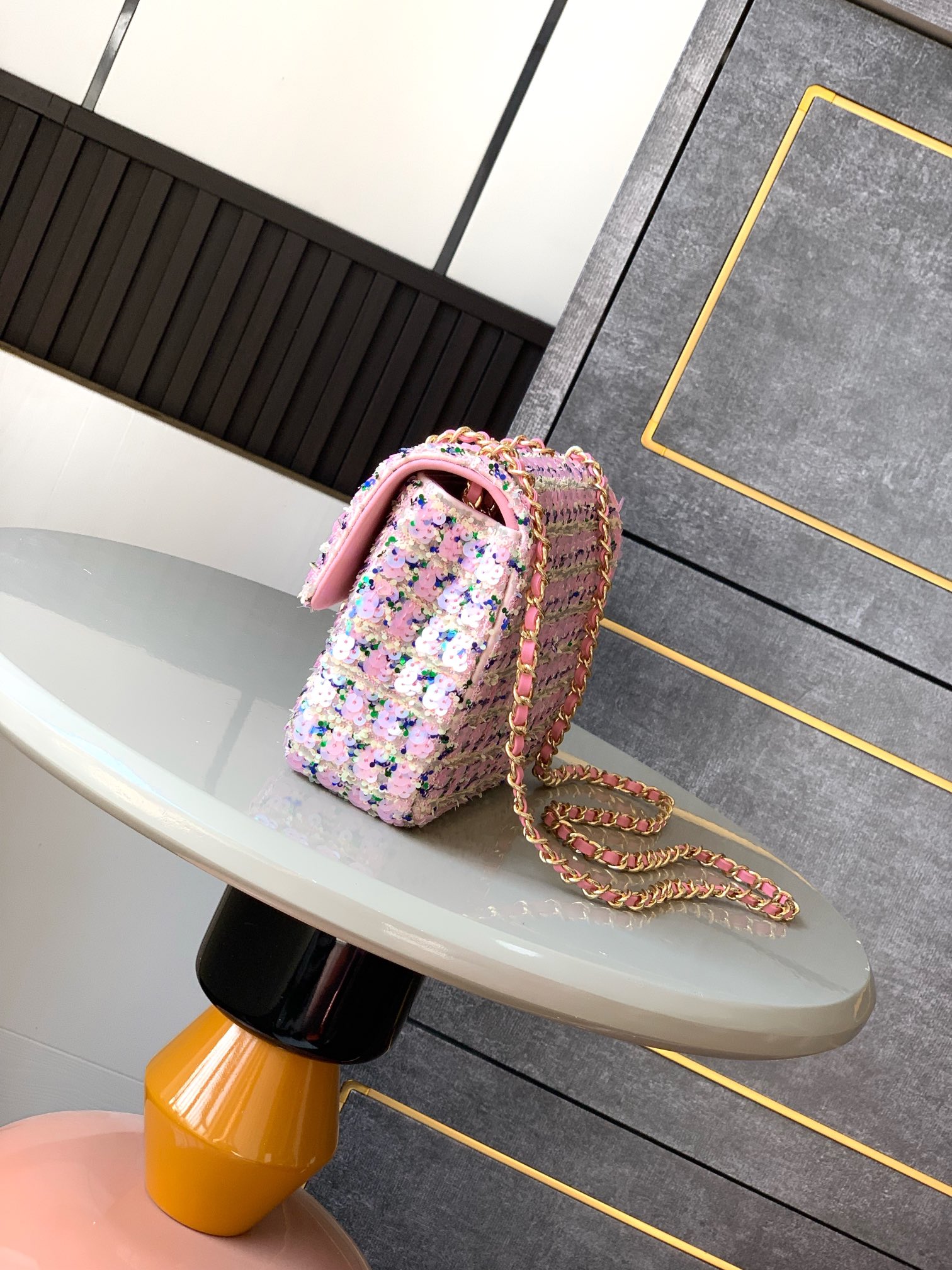 Chanel Flap bag, Sequins & gold-tone metal, light pink, green & yellow