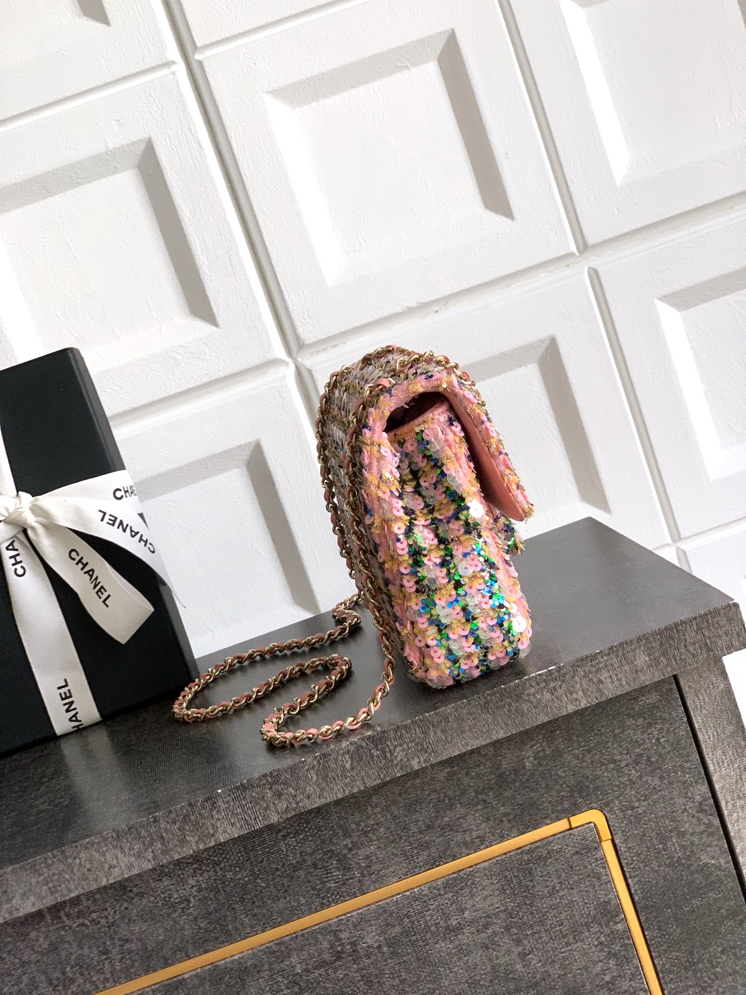 Chanel Flap bag, Sequins & gold-tone metal, light pink, green & yellow