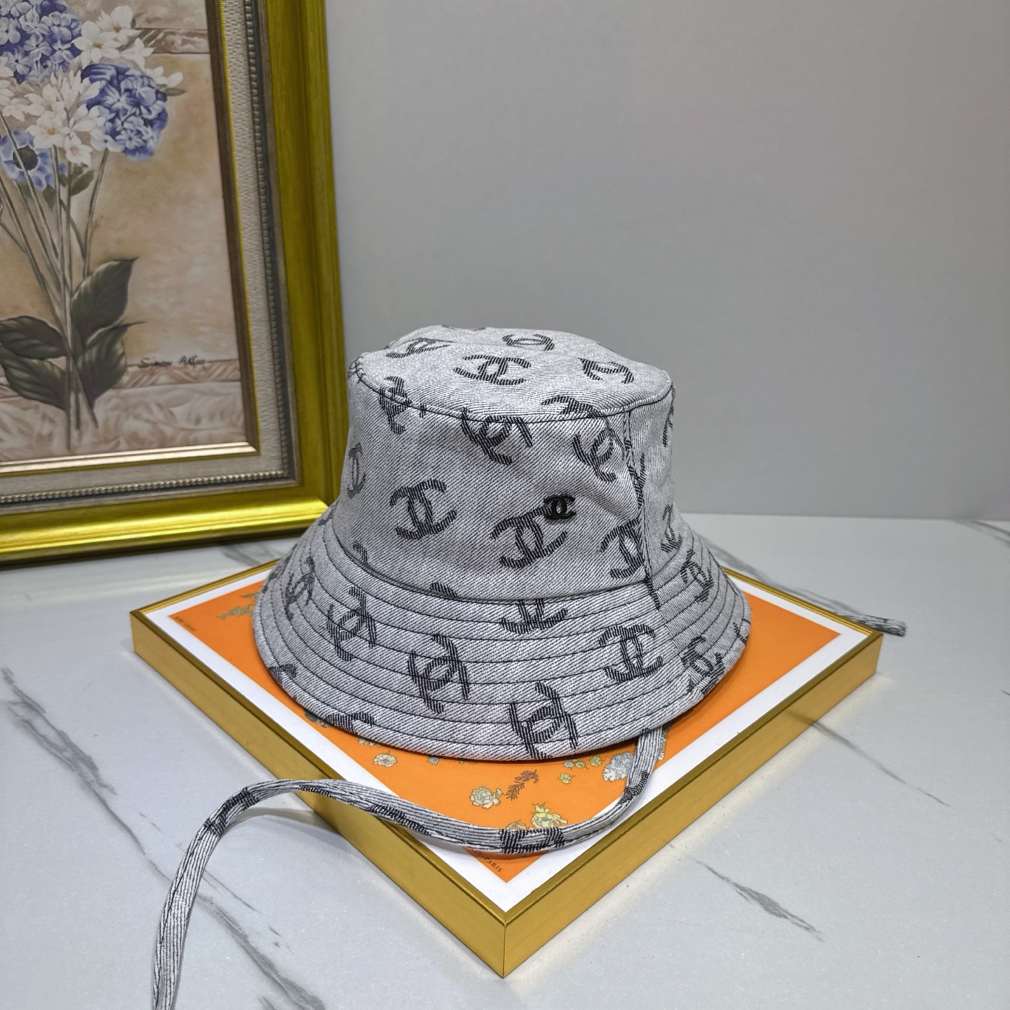 Chanel Grey Denim Bucket Hat - Black CC Logo