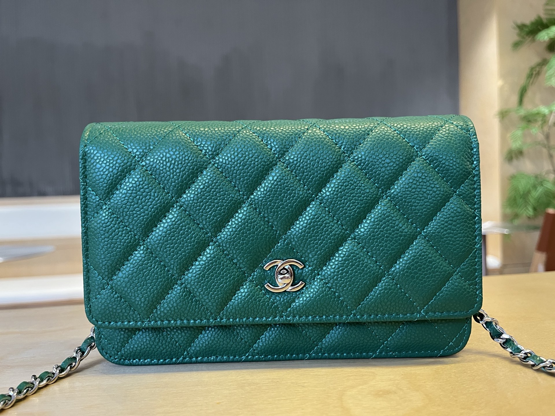 Chanel Green Quilted Caviar Leather Classic WOC Clutch