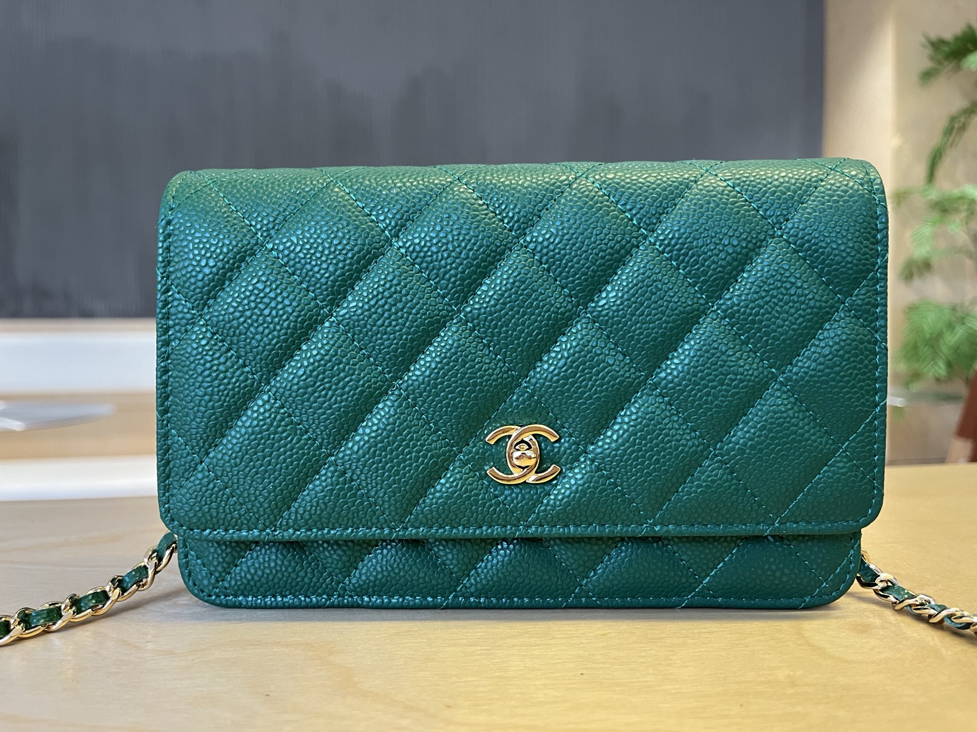 Chanel Green Quilted Caviar Leather Classic WOC Clutch