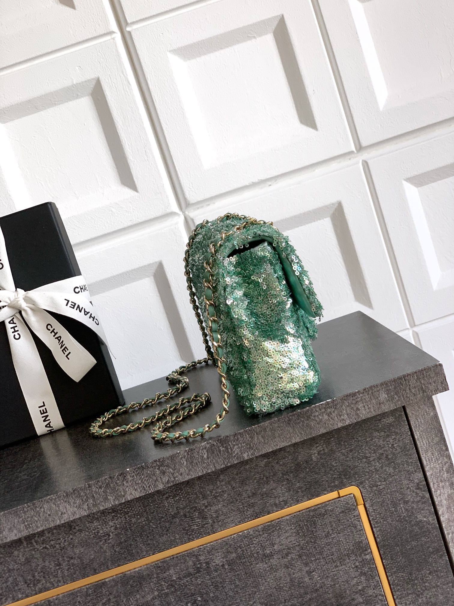 Chanel Green Sequins and Satin Mini Square Classic Flap Bag