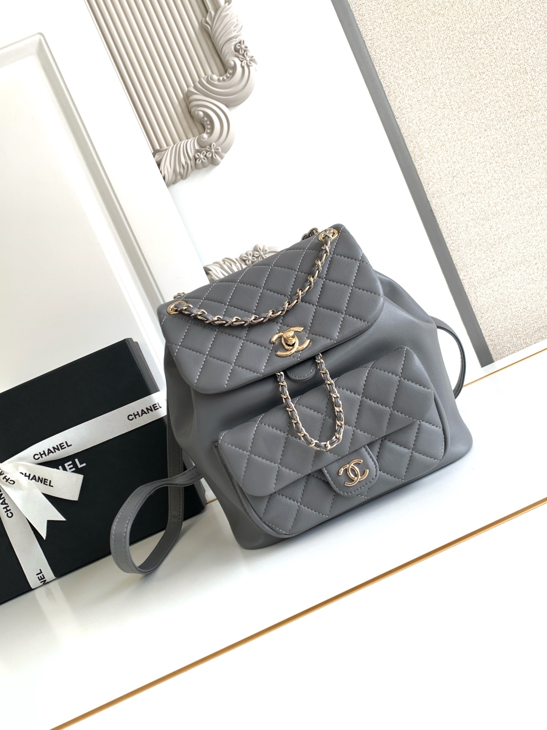 Chanel Lambskin 22A Duma Drawstring Backpack gray BNIB