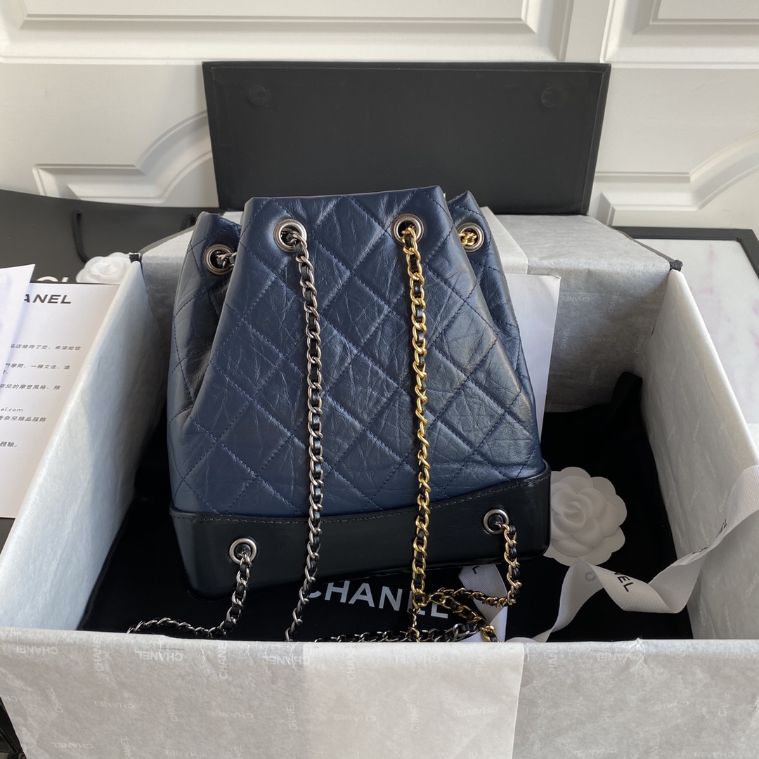CHANEL Lambskin Quilted Chain Drawstring Bag Navy Blue