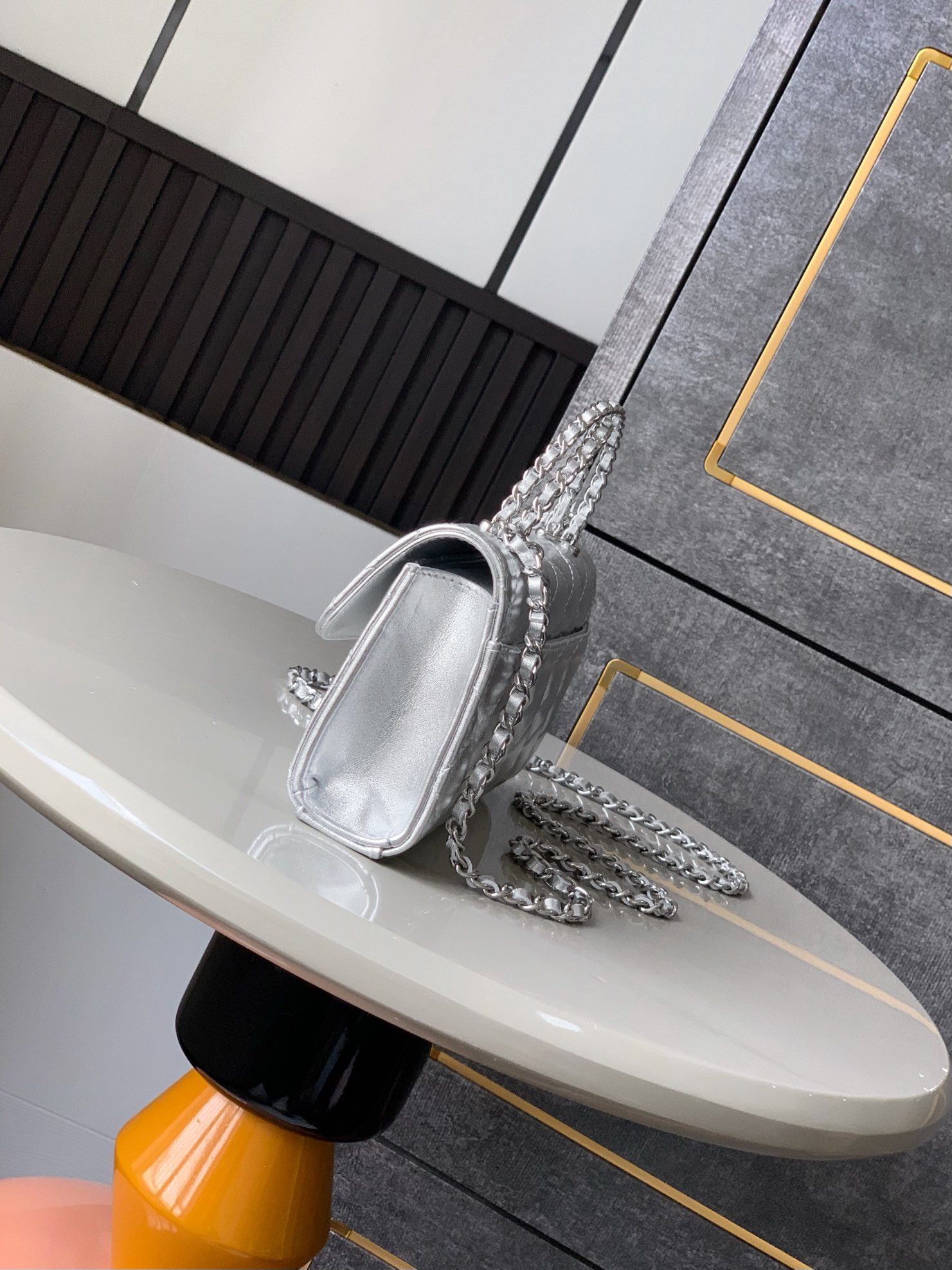 Chanel  Lambskin Quilted Chain Top Handle Phone Holder With Chain Silver9