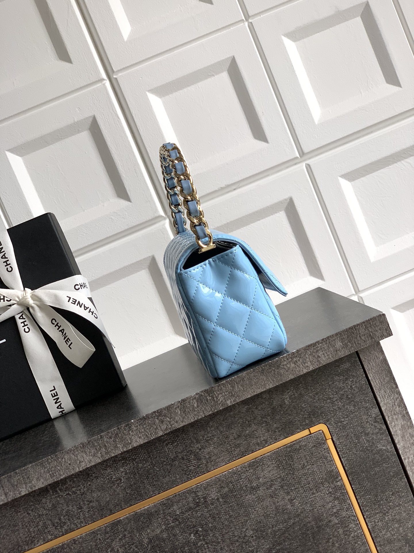 CHANEL Lambskin Quilted Metal Twist Top Handle Flap blue