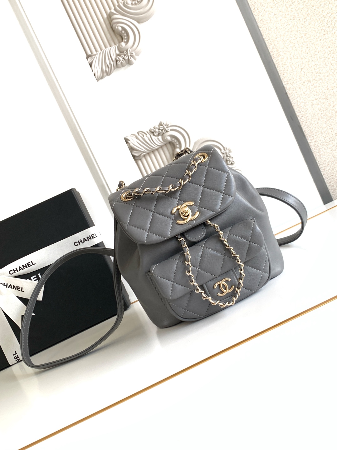 CHANEL Lambskin Quilted Small Duma Drawstring Backpack Grey 1405693