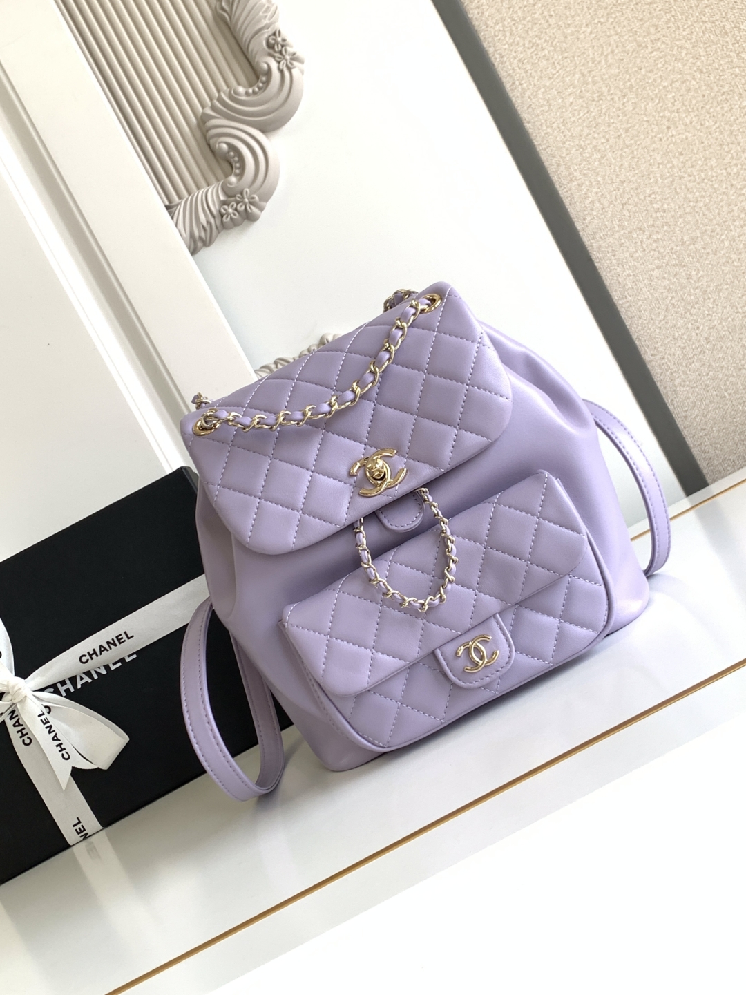 CHANEL Lambskin Quilted Small Duma Drawstring Backpack Light Purple 16089
