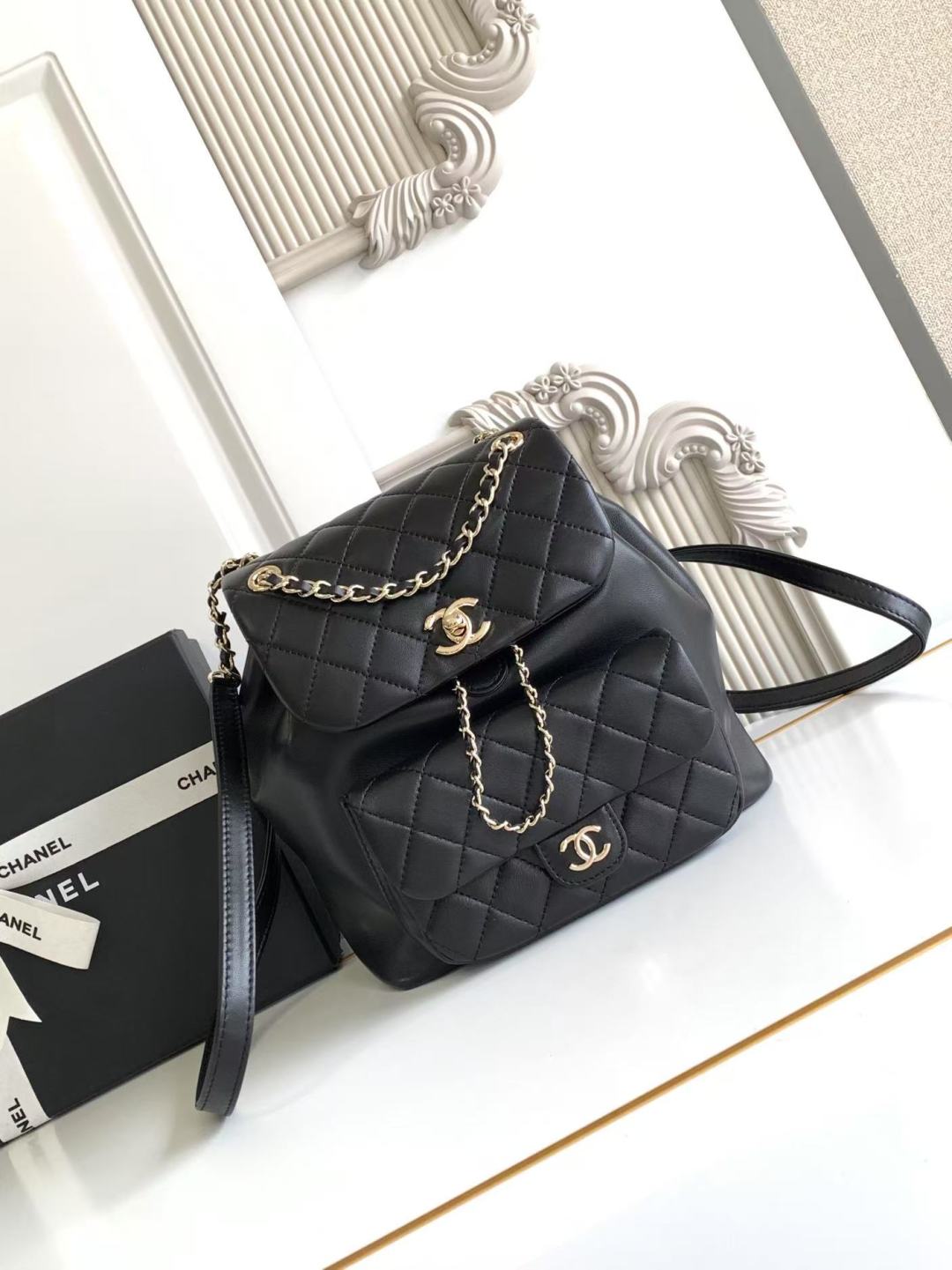 CHANEL Lambskin Quilted Small Duma Drawstring black