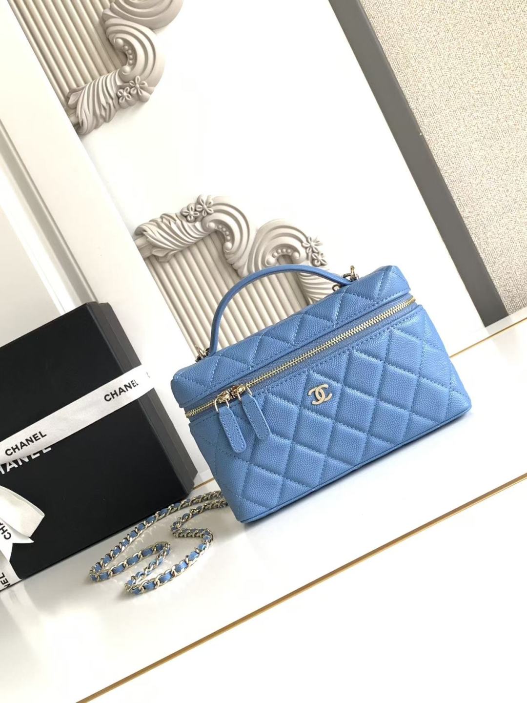 Chanel  Lambskin Quilted Small Top Handle Vanity Case With Chain Blue