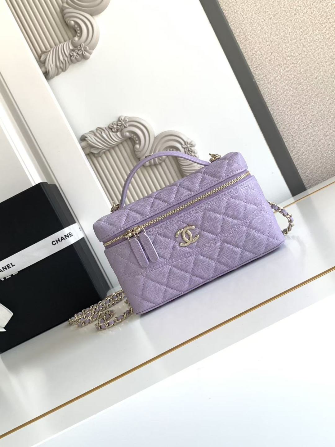 Chanel  Lambskin Quilted Small Top Handle Vanity Case With Chain Light Purple