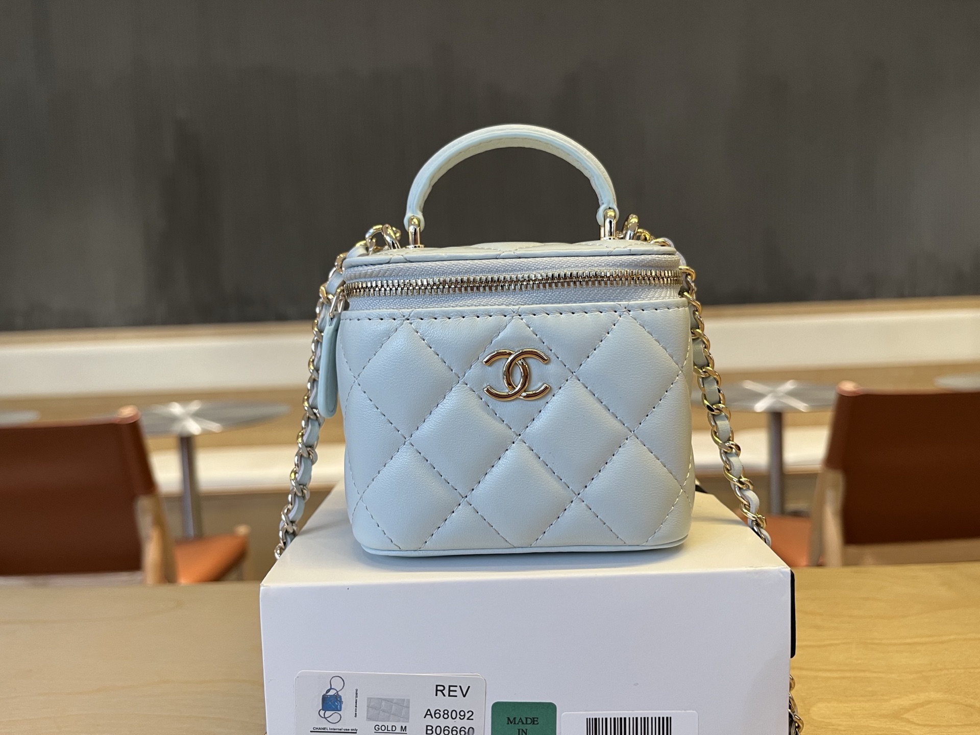 CHANEL Lambskin Quilted Top Handle Mini Vanity Case With blue
